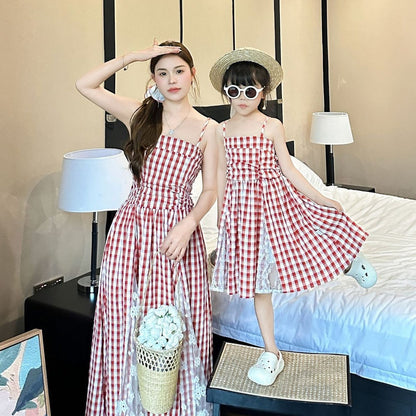 Family Matching Outfits Red Embroidery Plaid Slip Dress and Shirts - ChildAngle
