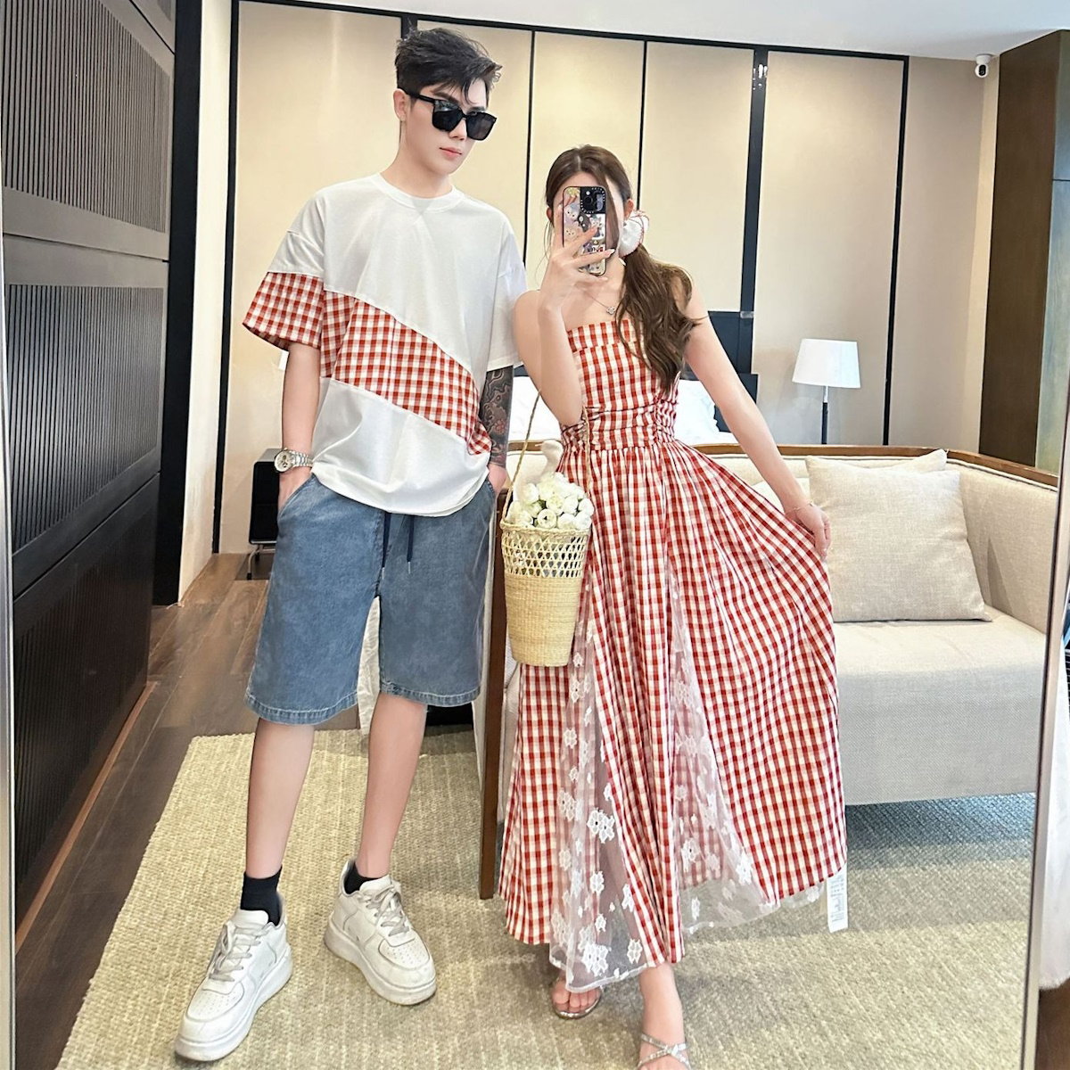 Family Matching Outfits Red Embroidery Plaid Slip Dress and Shirts - ChildAngle