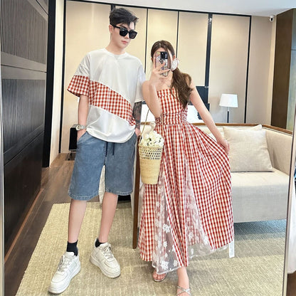 Family Matching Outfits Red Embroidery Plaid Slip Dress and Shirts - ChildAngle