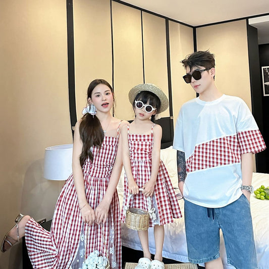 Family Matching Outfits Red Embroidery Plaid Slip Dress and Shirts - ChildAngle