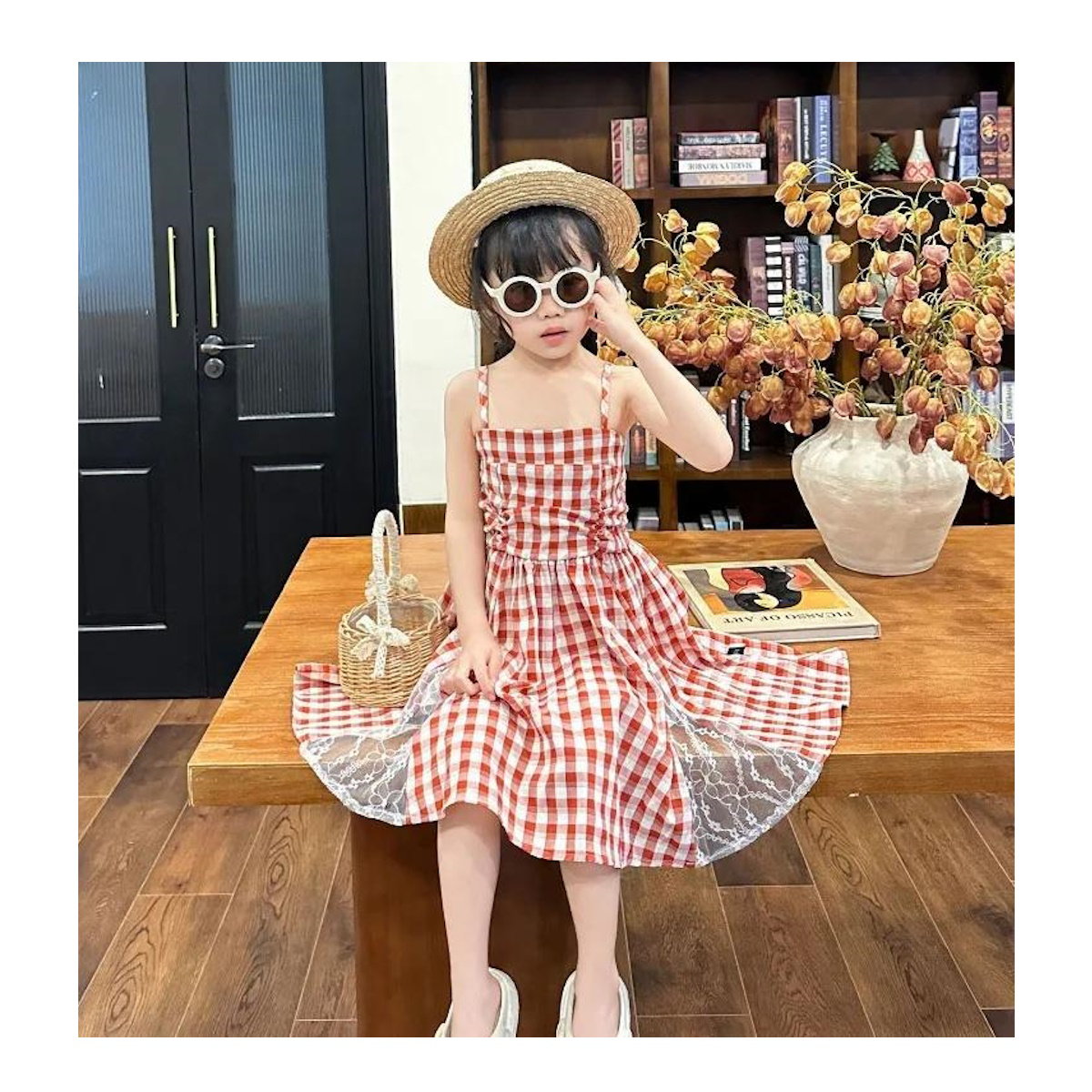 Family Matching Outfits Red Embroidery Plaid Slip Dress and Shirts - ChildAngle