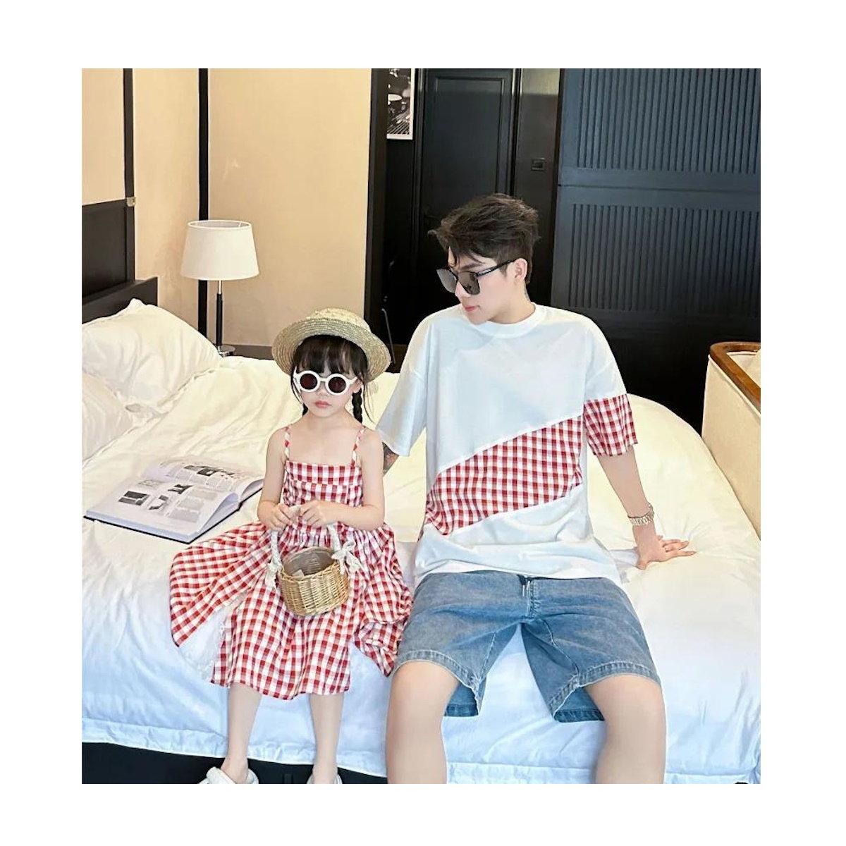 Family Matching Outfits Red Embroidery Plaid Slip Dress and Shirts - ChildAngle