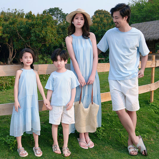 Family Matching Outfits Blue T-Shirts and Shorts Blue High Neck Ruffle Hem Dress - ChildAngle