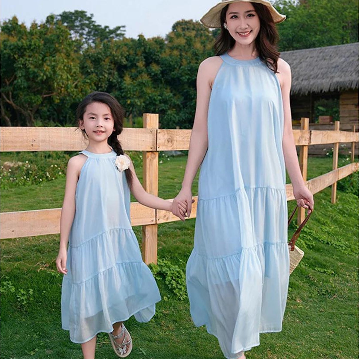 Family Matching Outfits Blue T-Shirts and Shorts Blue High Neck Ruffle Hem Dress - ChildAngle