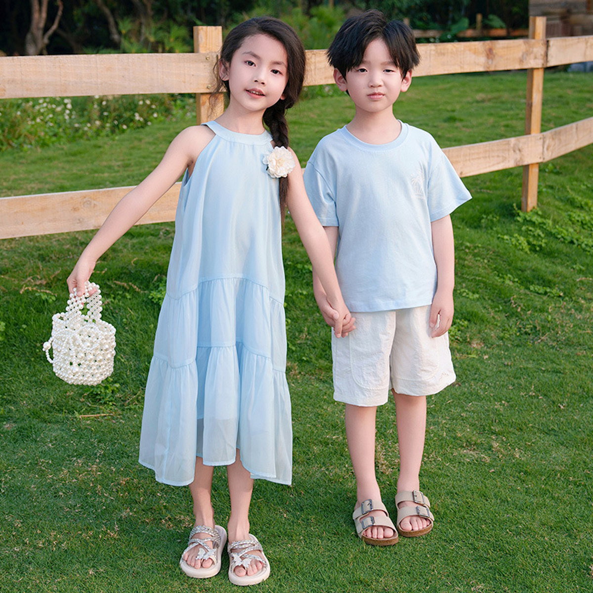 Family Matching Outfits Blue T-Shirts and Shorts Blue High Neck Ruffle Hem Dress - ChildAngle