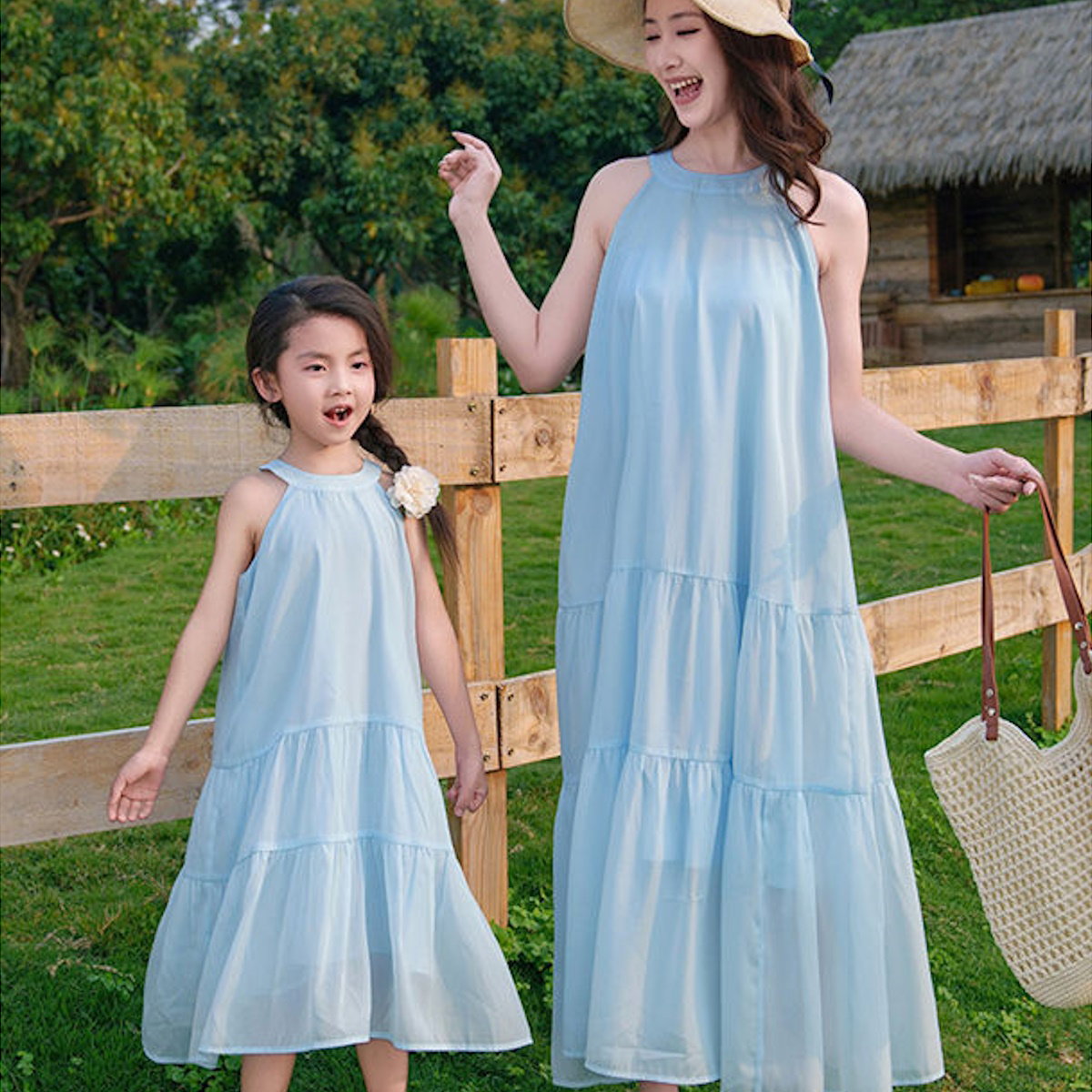 Family Matching Outfits Blue T-Shirts and Shorts Blue High Neck Ruffle Hem Dress - ChildAngle