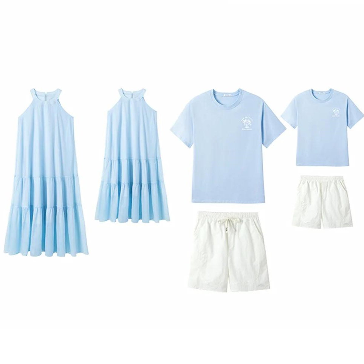 Family Matching Outfits Blue T-Shirts and Shorts Blue High Neck Ruffle Hem Dress - ChildAngle
