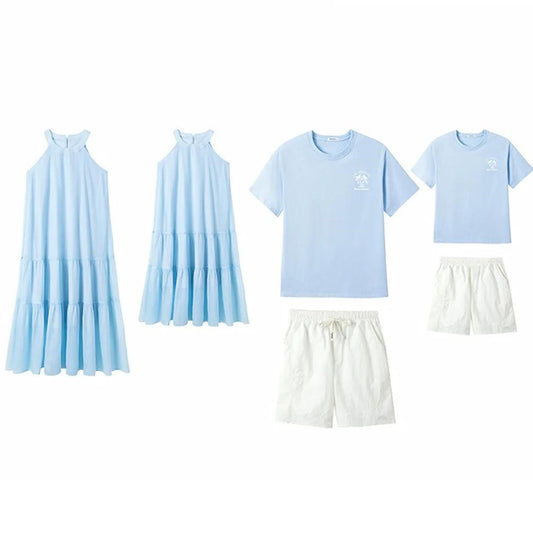Family Matching Outfits Blue T-Shirts and Shorts Blue High Neck Ruffle Hem Dress - ChildAngle