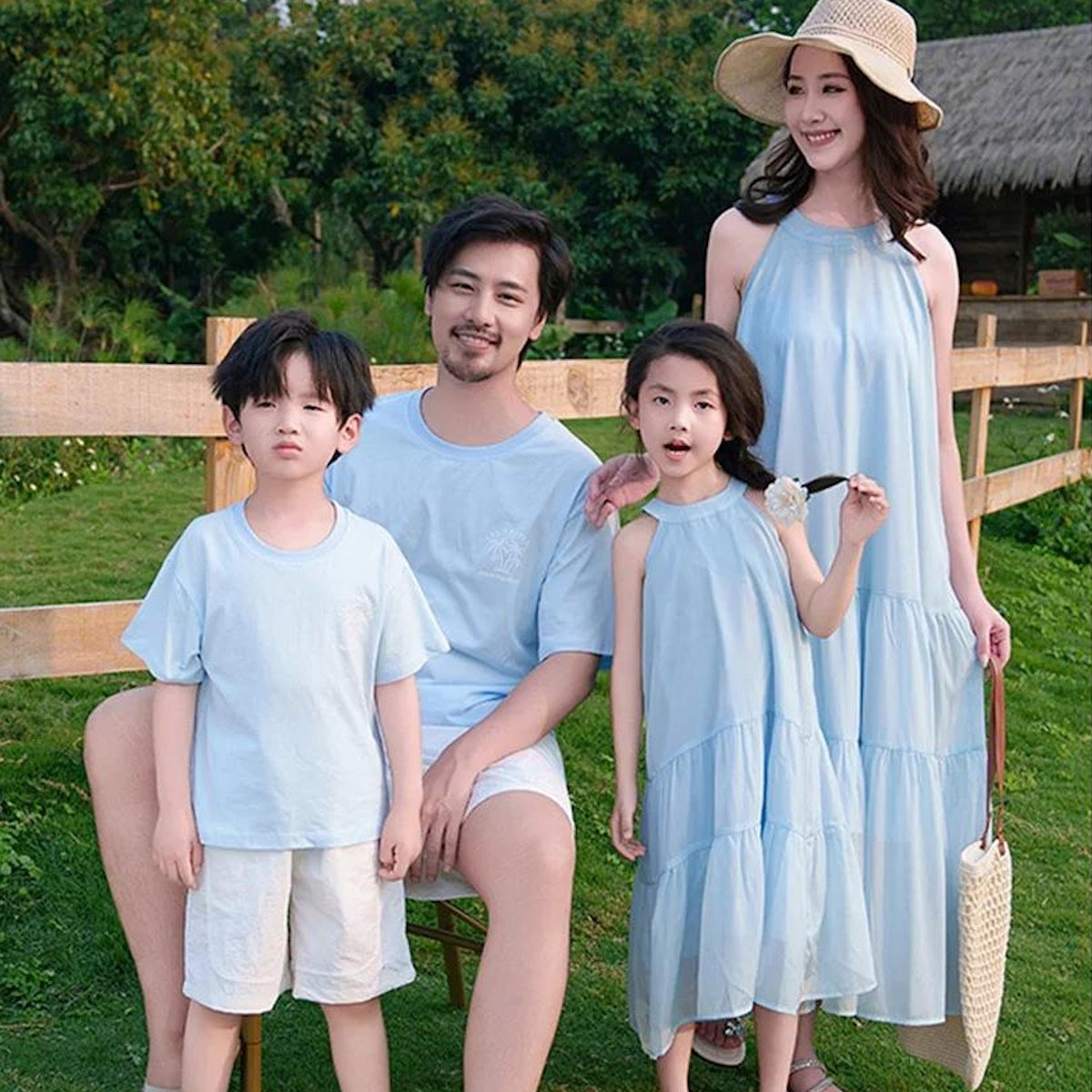 Family Matching Outfits Blue T-Shirts and Shorts Blue High Neck Ruffle Hem Dress - ChildAngle