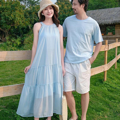 Family Matching Outfits Blue T-Shirts and Shorts Blue High Neck Ruffle Hem Dress - ChildAngle