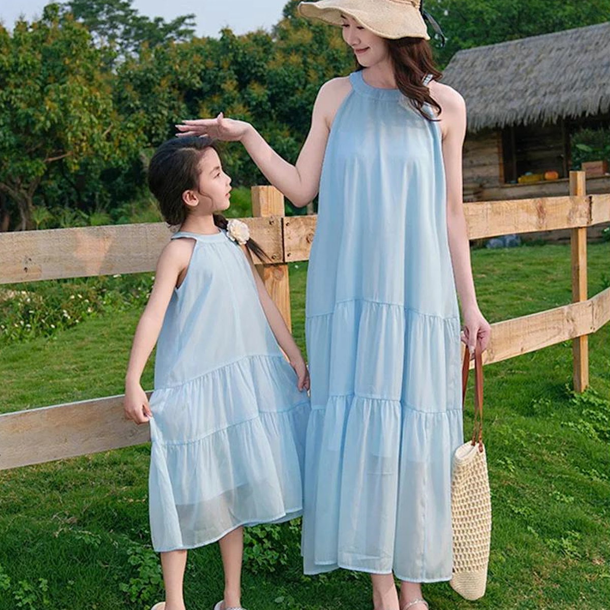 Family Matching Outfits Blue T-Shirts and Shorts Blue High Neck Ruffle Hem Dress - ChildAngle