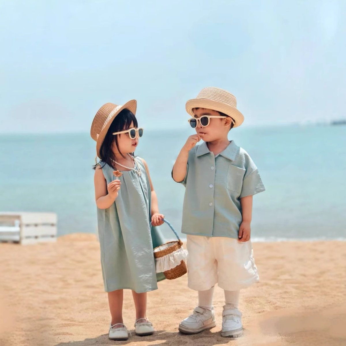 Family Matching Outfits Green Ruffle Neck Tank Top Maxi Dresses and Green Polo Shirts and Shorts - ChildAngle