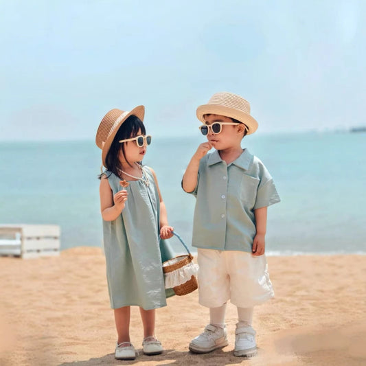Family Matching Outfits Green Ruffle Neck Tank Top Maxi Dresses and Green Polo Shirts and Shorts - ChildAngle