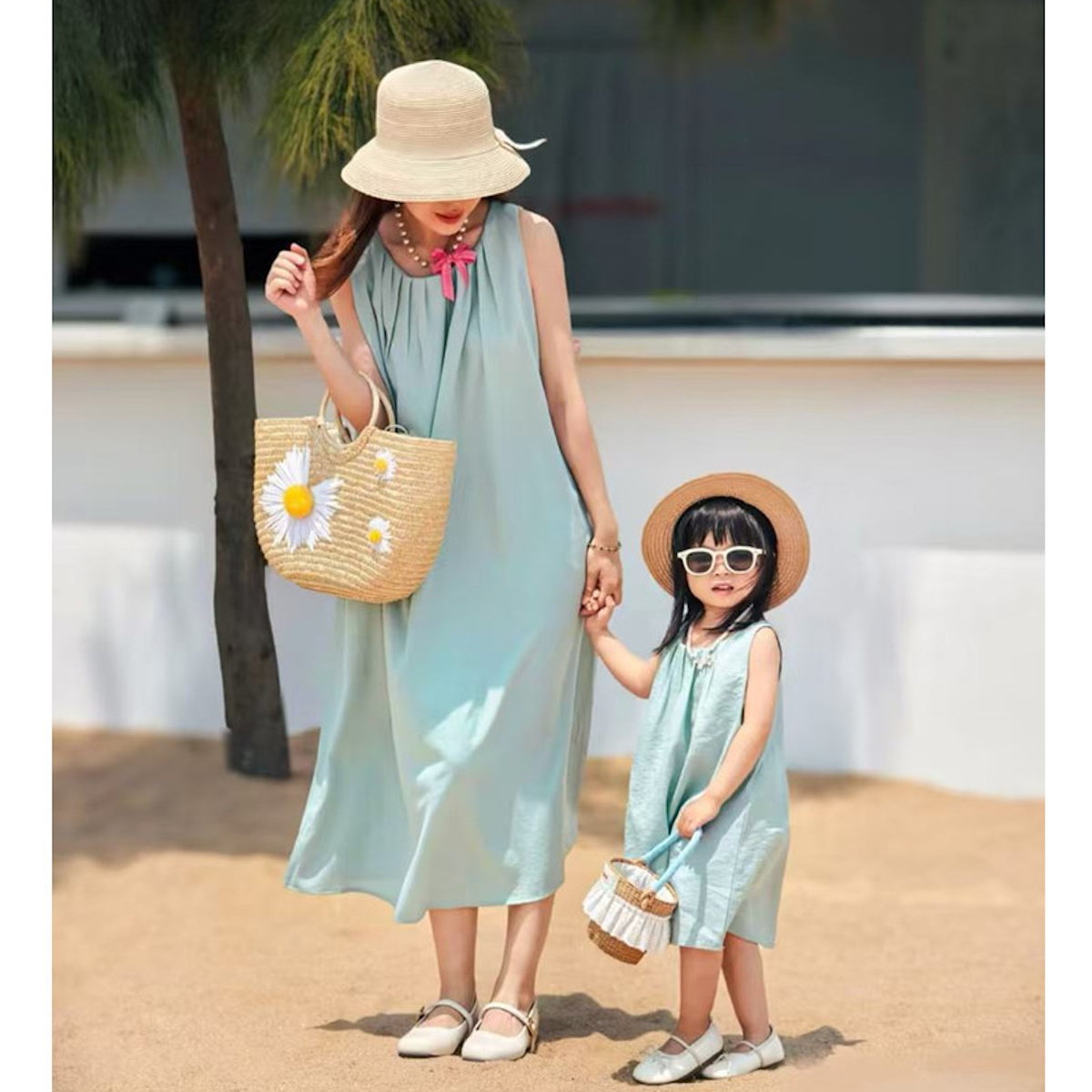 Family Matching Outfits Green Ruffle Neck Tank Top Maxi Dresses and Green Polo Shirts and Shorts - ChildAngle
