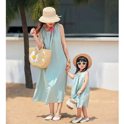 Family Matching Outfits Green Ruffle Neck Tank Top Maxi Dresses and Green Polo Shirts and Shorts - ChildAngle