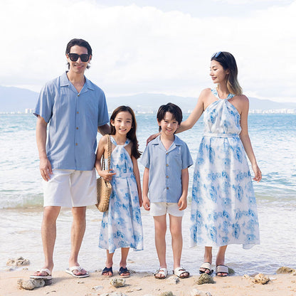 Family Matching Outfits Blue Shorts White Shorts and Tie Dye Cross Front Dress - ChildAngle