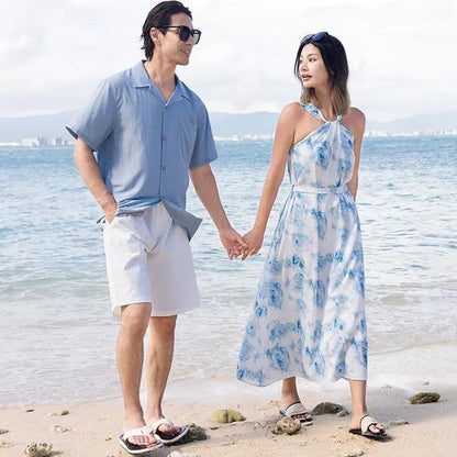 Family Matching Outfits Blue Shorts White Shorts and Tie Dye Cross Front Dress - ChildAngle