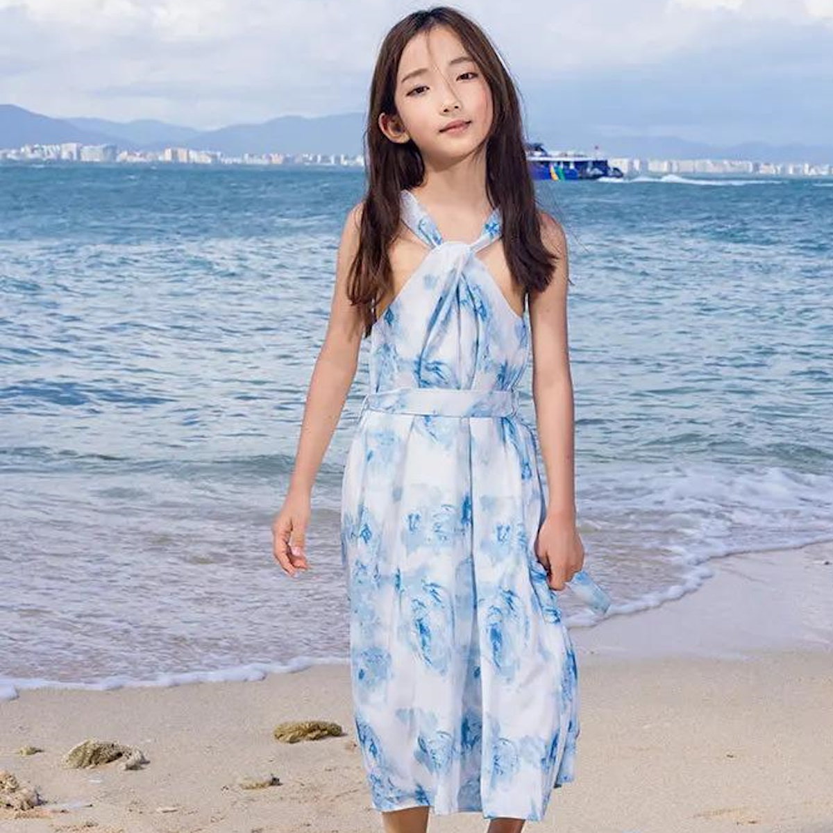 Family Matching Outfits Blue Shorts White Shorts and Tie Dye Cross Front Dress - ChildAngle
