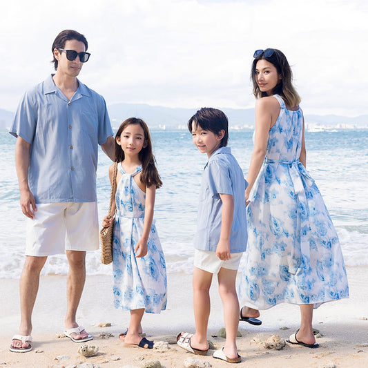 Family Matching Outfits Blue Shorts White Shorts and Tie Dye Cross Front Dress - ChildAngle