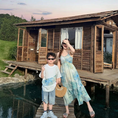 Vestido morado con cuello en V, mangas fruncidas y volantes, top mini raglán para papá, a juego para mamá y yo