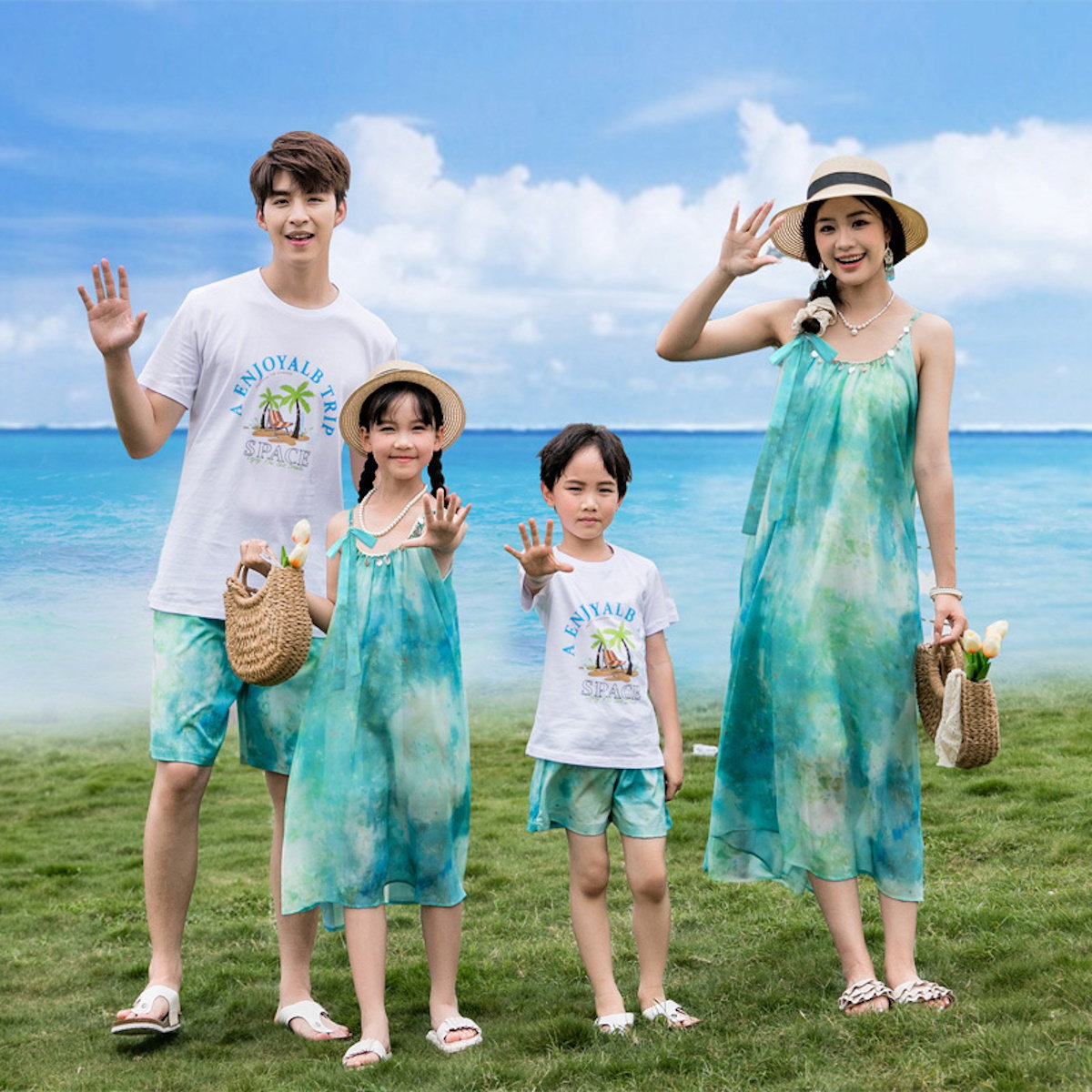 Family Matching Outfits Sequin Tie Dye Sleeveless Strap Dresses and Palm Print Short-sleeve T-shirts Sets - ChildAngle