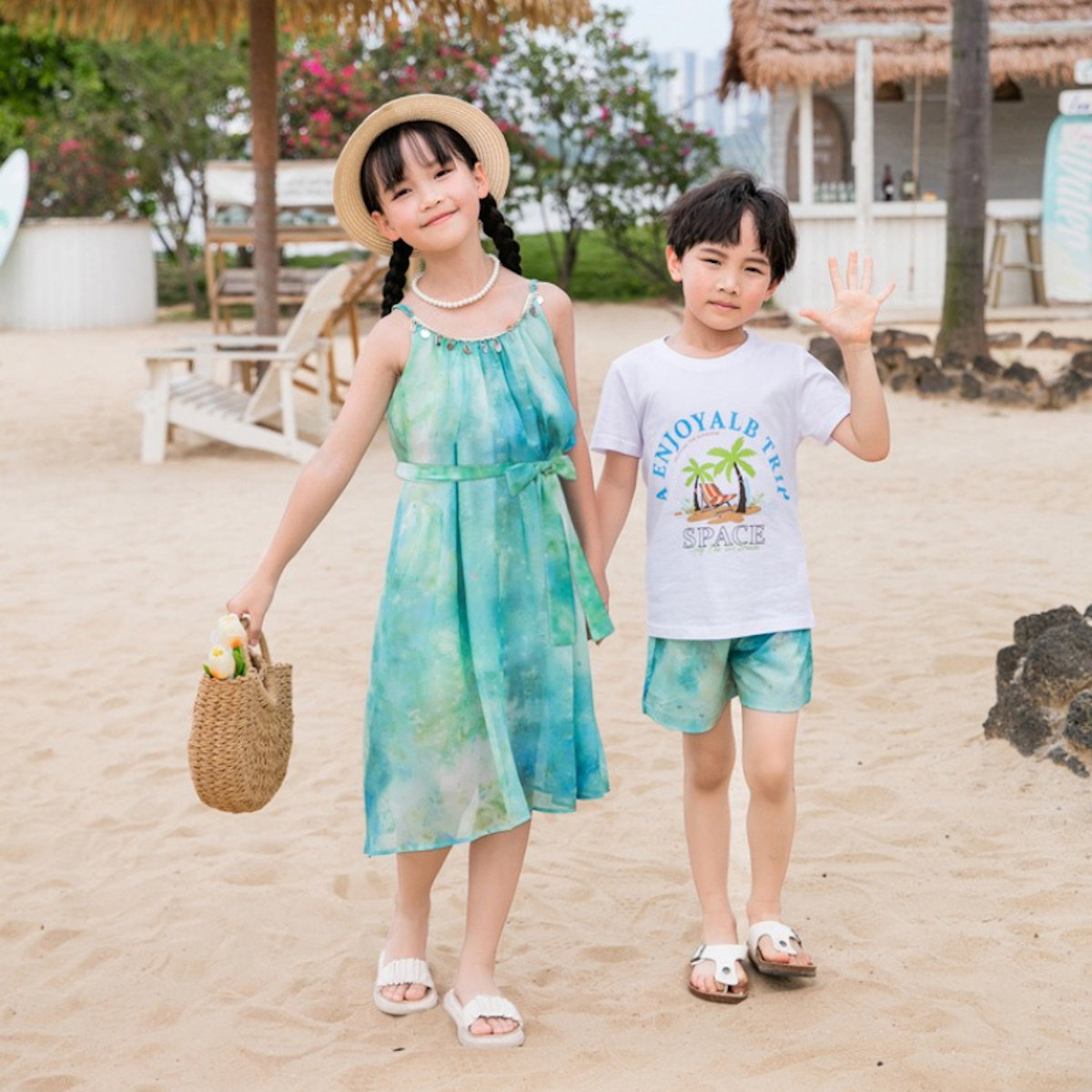 Family Matching Outfits Sequin Tie Dye Sleeveless Strap Dresses and Palm Print Short-sleeve T-shirts Sets - ChildAngle