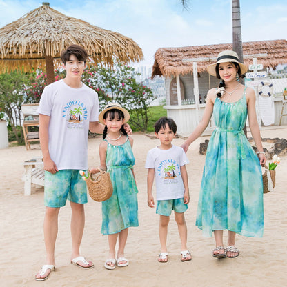 Family Matching Outfits Sequin Tie Dye Sleeveless Strap Dresses and Palm Print Short-sleeve T-shirts Sets - ChildAngle