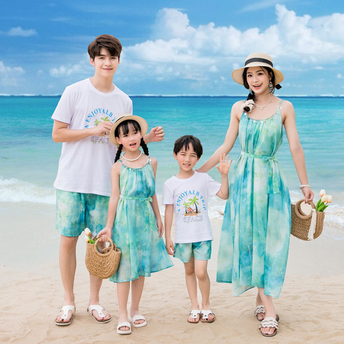 Family Matching Outfits Sequin Tie Dye Sleeveless Strap Dresses and Palm Print Short-sleeve T-shirts Sets - ChildAngle