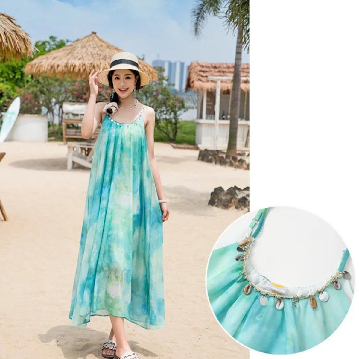 Family Matching Outfits Sequin Tie Dye Sleeveless Strap Dresses and Palm Print Short-sleeve T-shirts Sets - ChildAngle