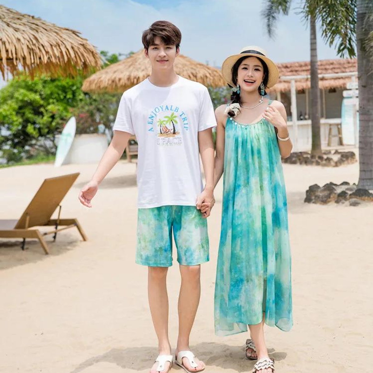 Family Matching Outfits Sequin Tie Dye Sleeveless Strap Dresses and Palm Print Short-sleeve T-shirts Sets - ChildAngle