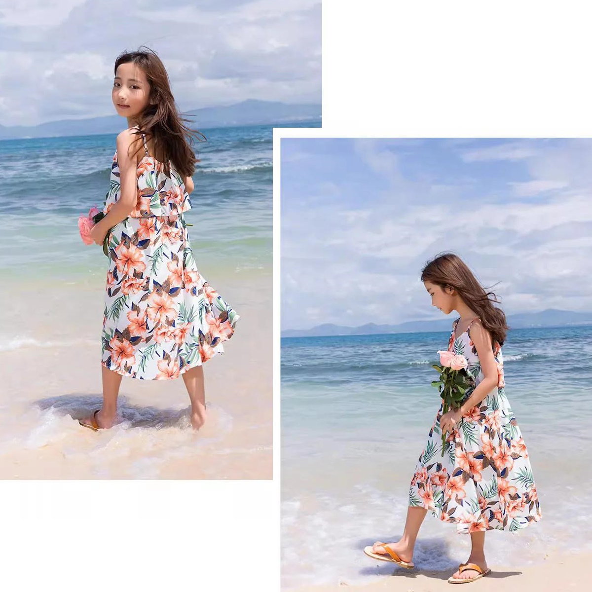 Flower Print Tropical Layered Family Matching Dress and Shirts Shorts Slip Dress Set - ChildAngle