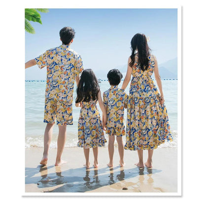 Family Matching Outfits Tropical Flower Dress and Polo Shirts and Shorts - ChildAngle