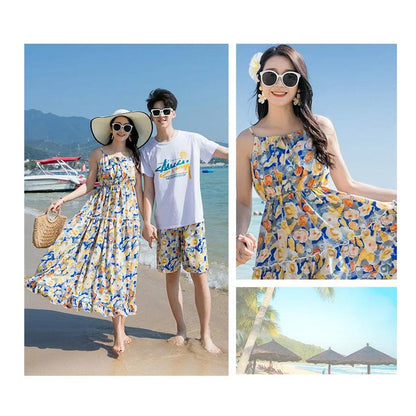 Family Matching Outfits Tropical Flower Dress and Polo Shirts and Shorts - ChildAngle