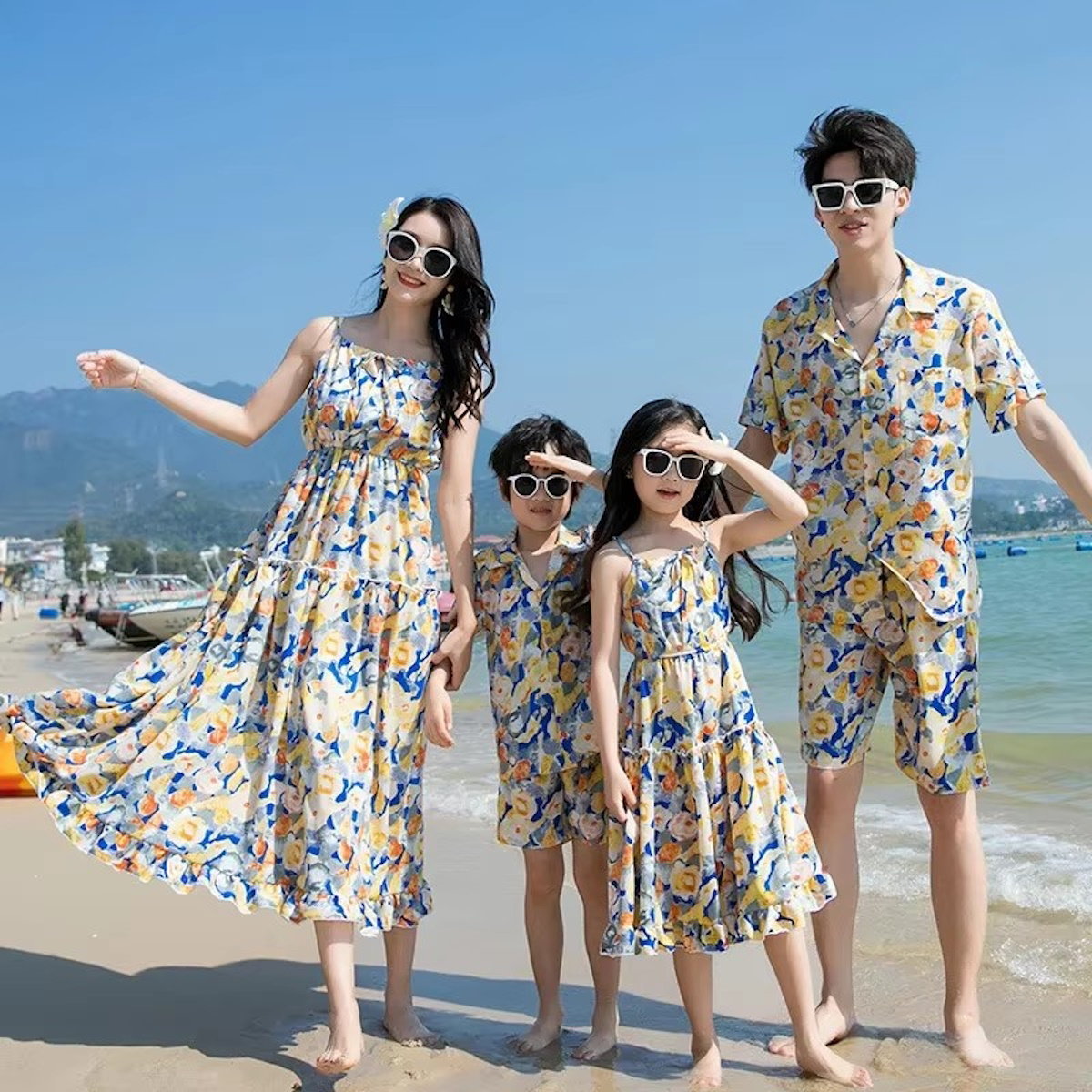 Family Matching Outfits Tropical Flower Dress and Polo Shirts and Shorts - ChildAngle