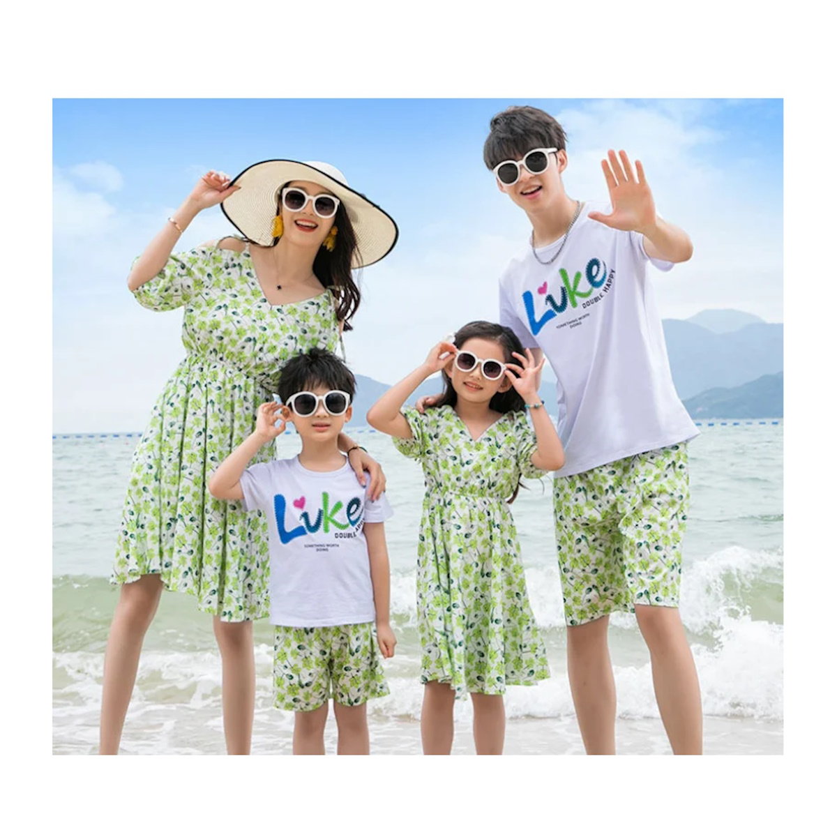 Green Tropical V Neck Shoulder Tie Elastic Waist Midi Dress and Matching Family Shirts and Shorts - ChildAngle