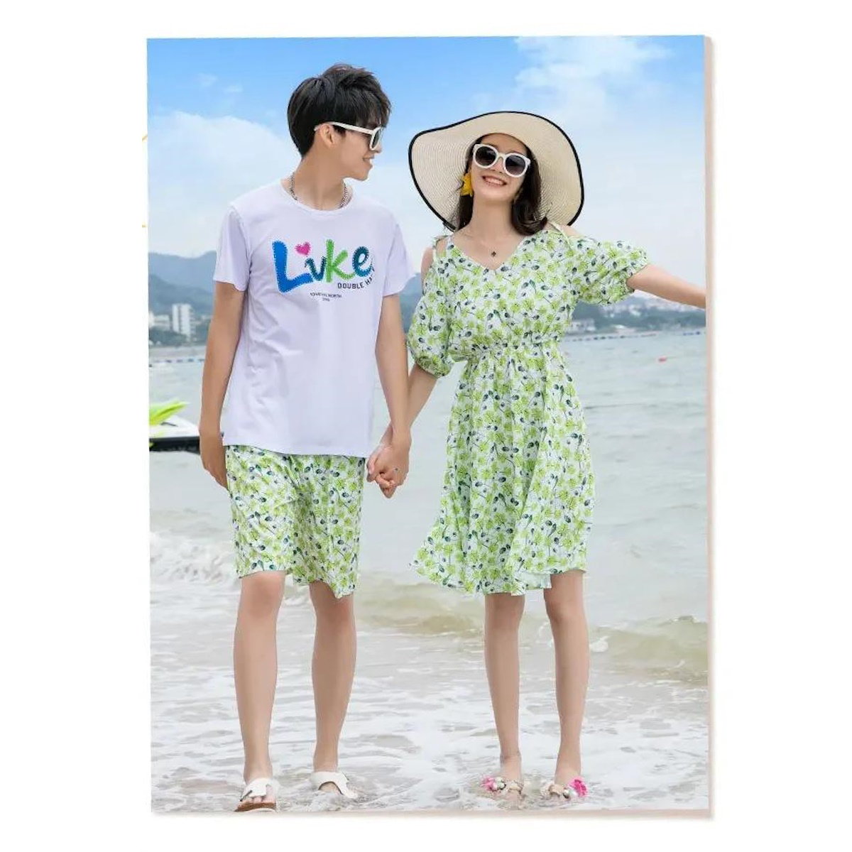 Green Tropical V Neck Shoulder Tie Elastic Waist Midi Dress and Matching Family Shirts and Shorts - ChildAngle