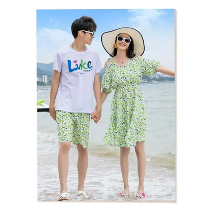 Green Tropical V Neck Shoulder Tie Elastic Waist Midi Dress and Matching Family Shirts and Shorts - ChildAngle