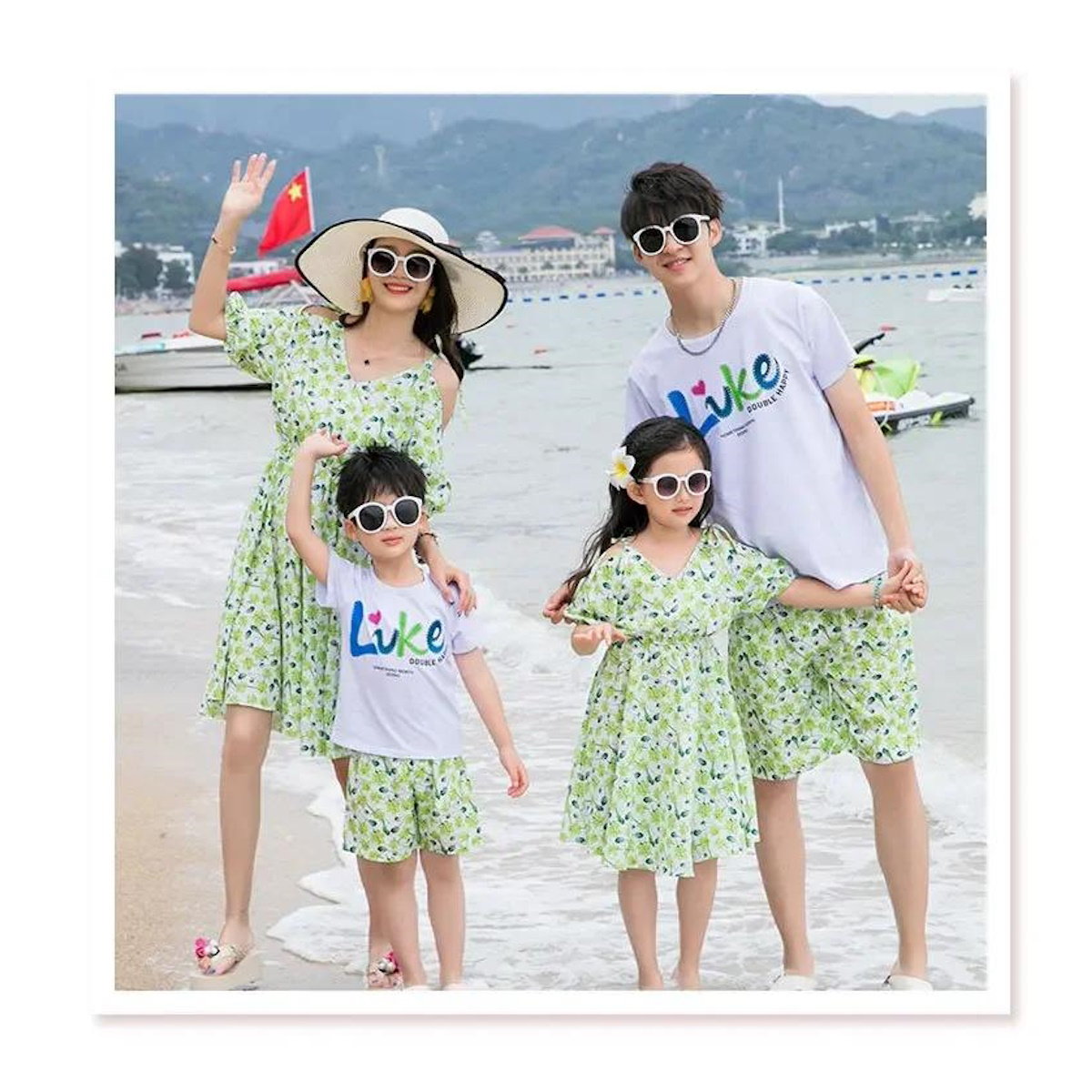 Green Tropical V Neck Shoulder Tie Elastic Waist Midi Dress and Matching Family Shirts and Shorts - ChildAngle