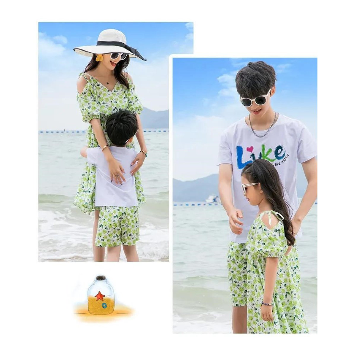 Green Tropical V Neck Shoulder Tie Elastic Waist Midi Dress and Matching Family Shirts and Shorts - ChildAngle