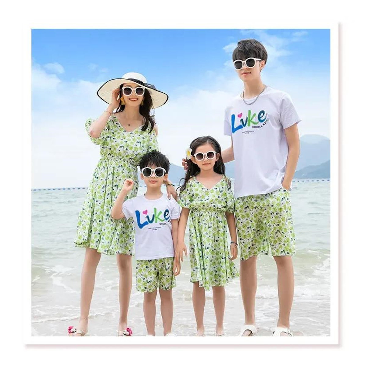 Green Tropical V Neck Shoulder Tie Elastic Waist Midi Dress and Matching Family Shirts and Shorts - ChildAngle