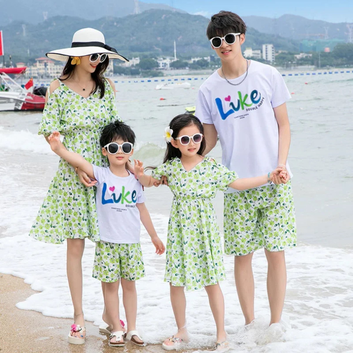 Green Tropical V Neck Shoulder Tie Elastic Waist Midi Dress and Matching Family Shirts and Shorts - ChildAngle