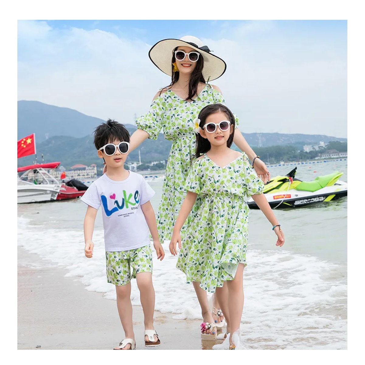 Green Tropical V Neck Shoulder Tie Elastic Waist Midi Dress and Matching Family Shirts and Shorts - ChildAngle
