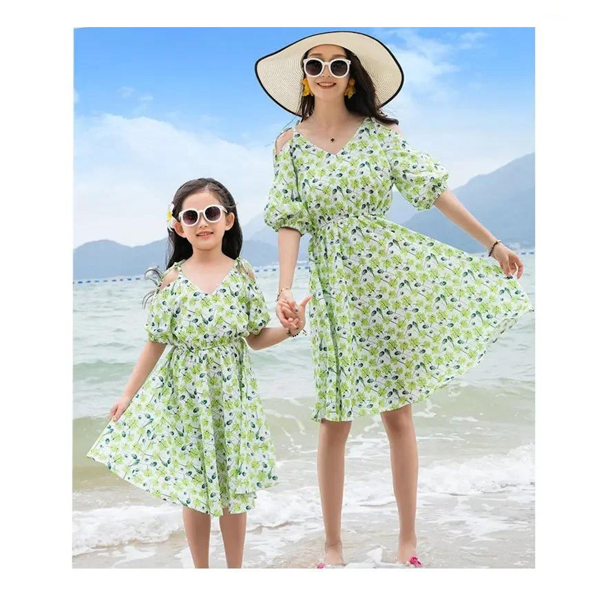 Green Tropical V Neck Shoulder Tie Elastic Waist Midi Dress and Matching Family Shirts and Shorts - ChildAngle