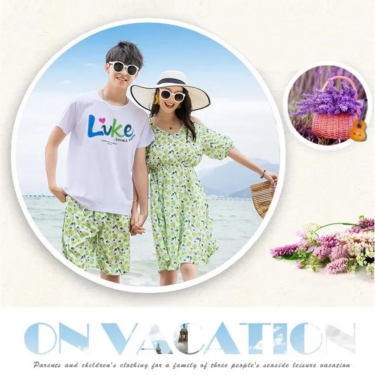 Green Tropical V Neck Shoulder Tie Elastic Waist Midi Dress and Matching Family Shirts and Shorts - ChildAngle