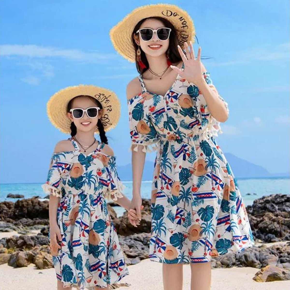 Family Matching Outfits Tropical Print Tassel Dress and T Shirts Set - ChildAngle