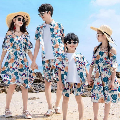 Family Matching Outfits Tropical Print Tassel Dress and T Shirts Set - ChildAngle