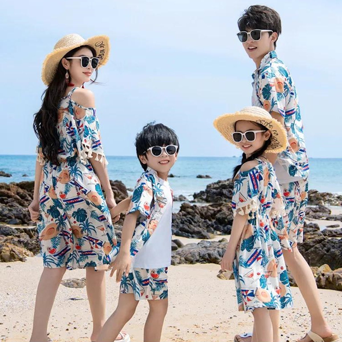 Family Matching Outfits Tropical Print Tassel Dress and T Shirts Set - ChildAngle