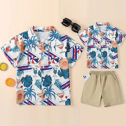 Family Matching Outfits Tropical Print Tassel Dress and T Shirts Set - ChildAngle