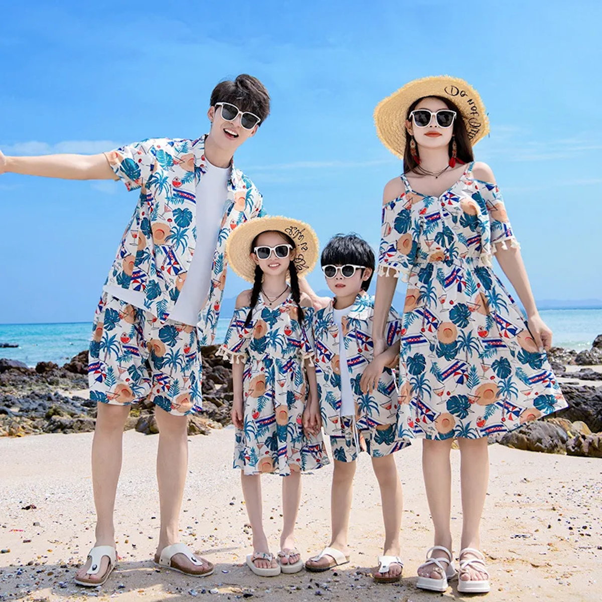 Family Matching Outfits Tropical Print Tassel Dress and T Shirts Set - ChildAngle