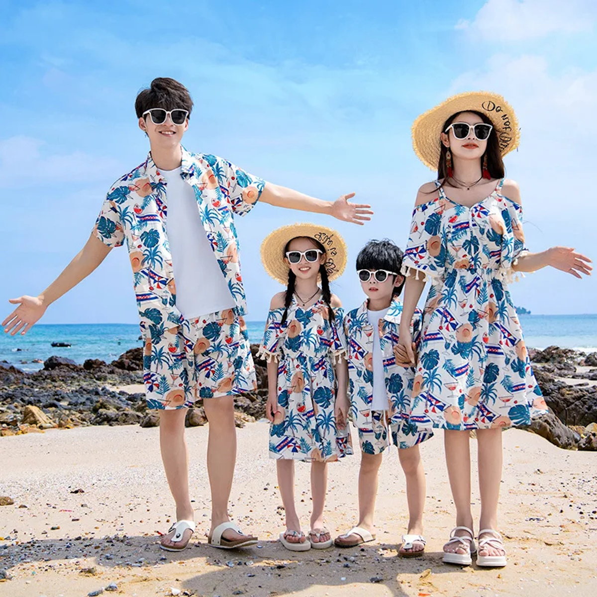 Family Matching Outfits Tropical Print Tassel Dress and T Shirts Set - ChildAngle